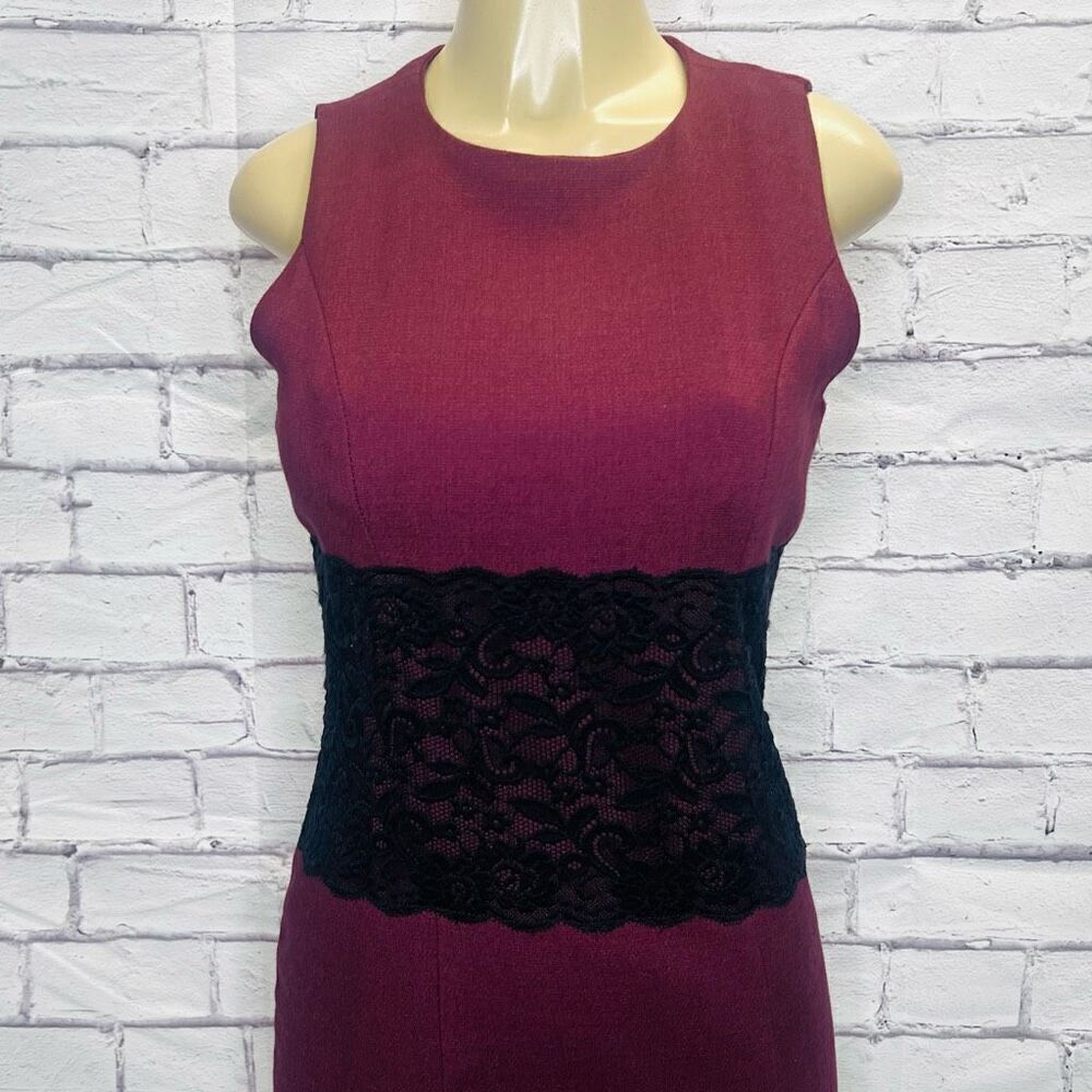 G.I.L.I. Womens Burgundy Black Lace Waist Detail Sheath Dress Size 8 - Picture 3 of 7
